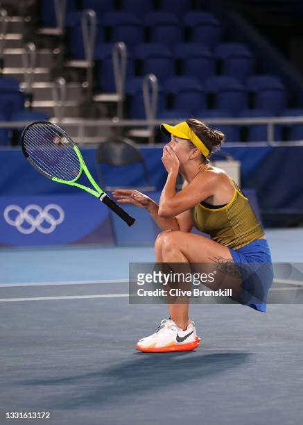 Elina Svitolina of Team Ukraine celebrates victory in her Women's Singles Bronze Medal match against Elena Rybakina of Team Kazakhstan on day eight...