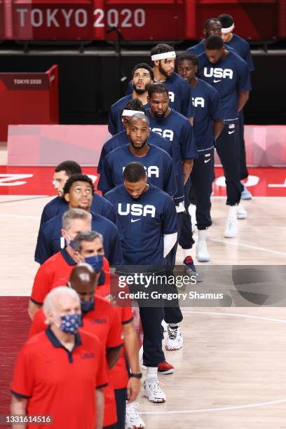 Team United States lines up for the National Anthem before the start of their Men's Basketball Preliminary Round Group A game against Czech Republic...