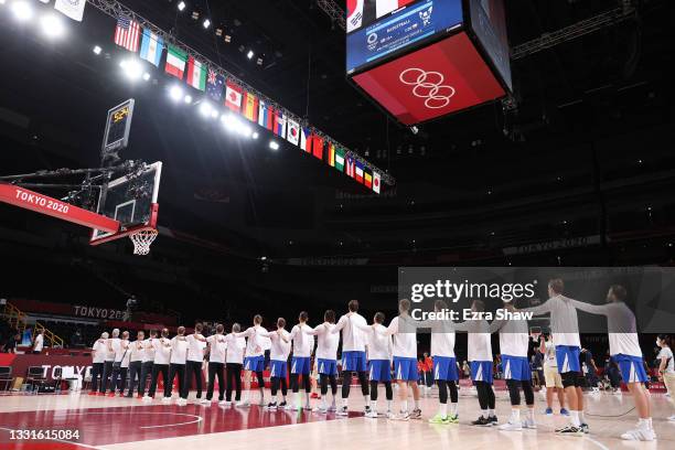 Team Czech Republic lines up for the National Anthem before the start of their Men's Basketball Preliminary Round Group A game against United States...