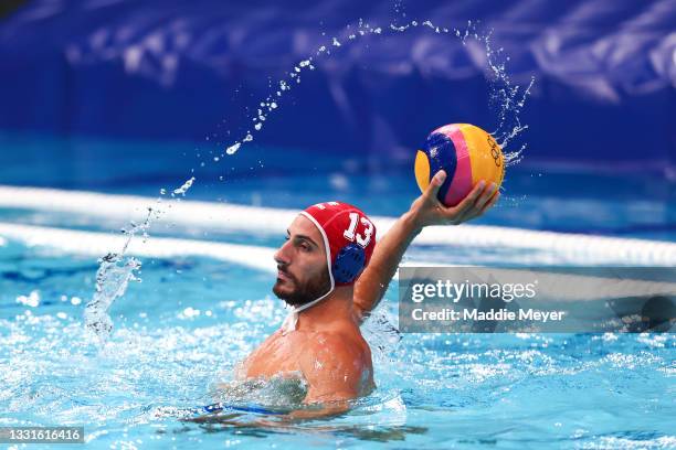 Konstantinos Galanidis of Team Greece looks to pass during the Men's Preliminary Round Group A match between South Africa and Greece on day eight of...