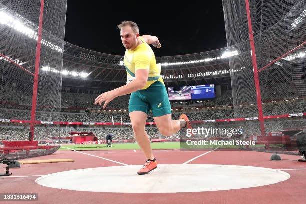 Matthew Denny of Team Australia competes in the Men's Discus Throw Final on day eight of the Tokyo 2020 Olympic Games at Olympic Stadium on July 31,...