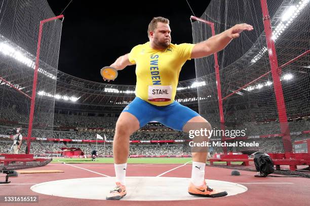 Daniel Stahl of Team Sweden competes in the Men's Discus Throw Final on day eight of the Tokyo 2020 Olympic Games at Olympic Stadium on July 31, 2021...