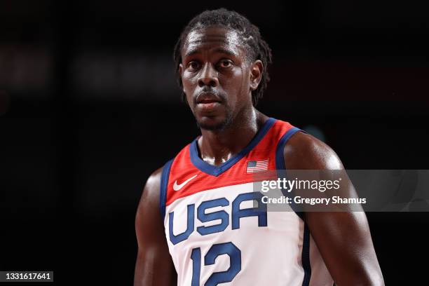 Jrue Holiday of Team United States looks on during the first half of the United States' Men's Basketball Preliminary Round Group A game against Czech...