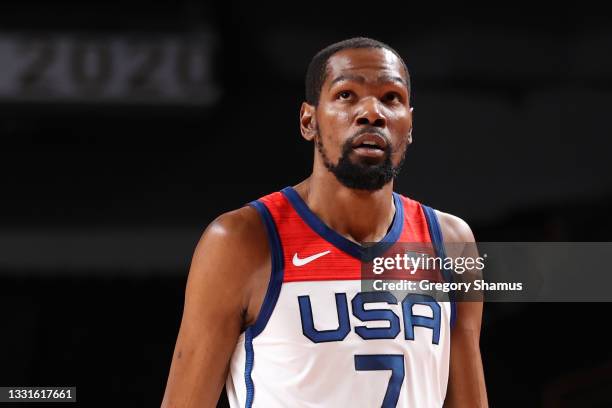 Kevin Durant of Team United States looks on during the first half of the United States' Men's Basketball Preliminary Round Group A game against Czech...