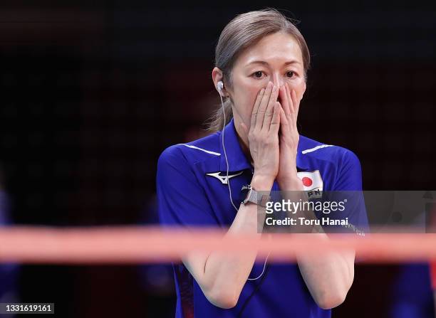 Head Coach Kumi Nakada of Team Japan reacts as she watches players compete against Team South Korea during the Women's Preliminary - Pool A...