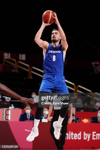 Tomas Satoransky of Team Czech Republic takes a jump shot against the United States during the first half of a Men's Basketball Preliminary Round...