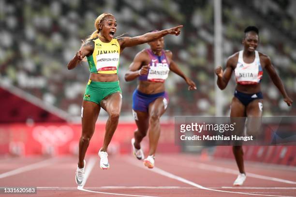 Elaine Thompson-Herah of Team Jamaica wins the Women's 100m Final on day eight of the Tokyo 2020 Olympic Games at Olympic Stadium on July 31, 2021 in...