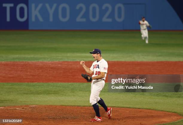 David Robertson of Team United States celebrates winning the game 4-2 during the baseball opening round Group B game between Team South Korea and...