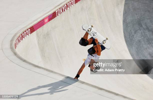 Sky Brown of Team Great Britain gets inverted during training today at Ariake Skateboard Park ahead of the Tokyo Olympic Games on July 31, 2021 in...