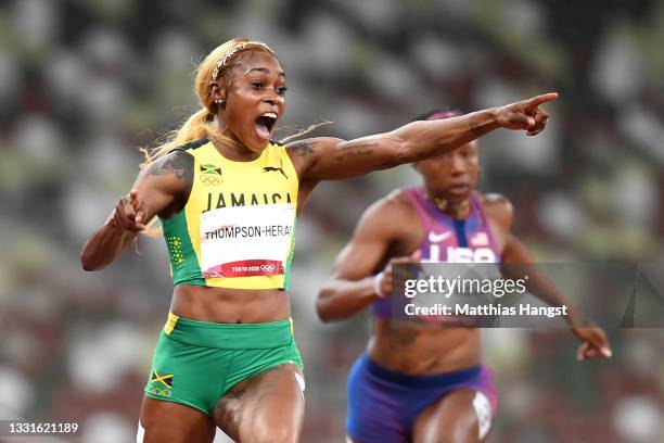 Elaine Thompson-Herah of Team Jamaica wins the Women's 100m Final on day eight of the Tokyo 2020 Olympic Games at Olympic Stadium on July 31, 2021 in...