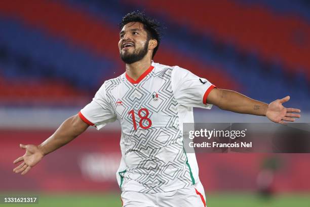 Eduardo Aguirre of Team Mexico celebrates after scoring their side's sixth goal during the Men's Quarter Final match between Republic Of Korea and...