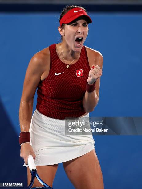 Belinda Bencic of Team Switzerland celebrates after a point during her Women's Singles Gold Medal match against Marketa Vondrousova of Team Czech...