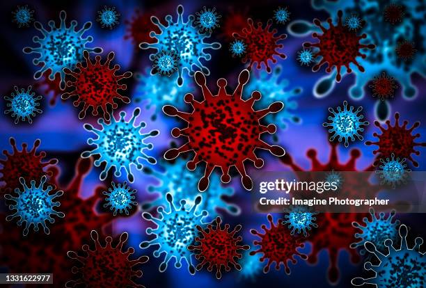3d illustration, microscope developments and mutations that make it more infectious, more dangerous from the coronavirus in the human body cells. - virus stock-fotos und bilder