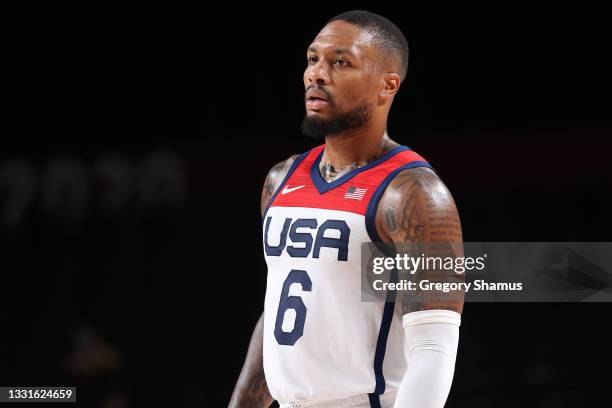 Damian Lillard of Team United States looks on during the first half of the United States' Men's Basketball Preliminary Round Group A game against...