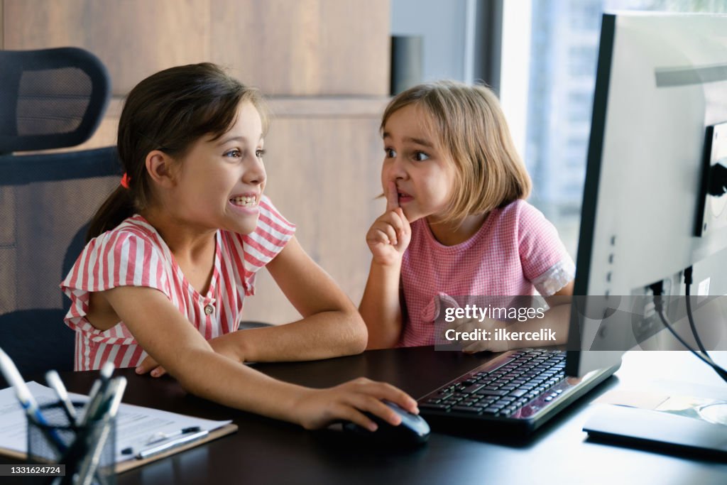 Students Using Computer Secret Child Girls Using Laptop Computer Keeping Secret From Their Parents ...