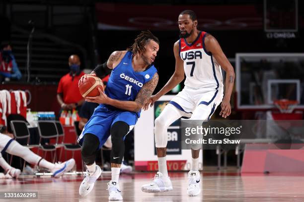 Blake Schilb of Team Czech Republic looks to drive to the basket against Kevin Durant of Team United States during the second half of a Men's...