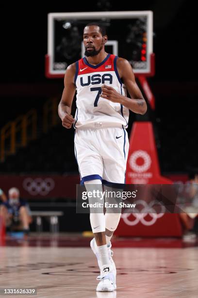 Kevin Durant of Team United States looks on during the first half of the United States' Men's Basketball Preliminary Round Group A game against Czech...