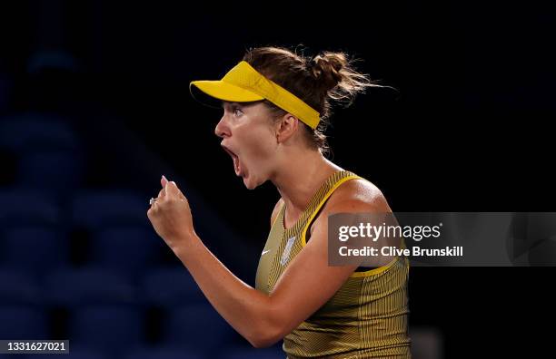 Elina Svitolina of Team Ukraine celebrates after a point in her Women's Singles Bronze Medal match against Elena Rybakina of Team Kazakhstan on day...