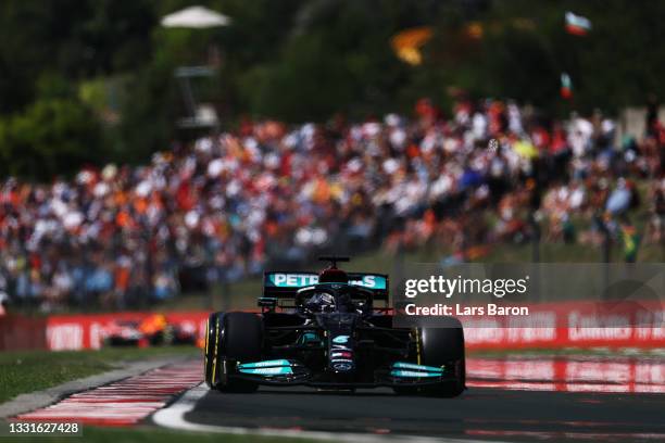 Lewis Hamilton of Great Britain driving the Mercedes AMG Petronas F1 Team Mercedes W12 during qualifying ahead of the F1 Grand Prix of Hungary at...