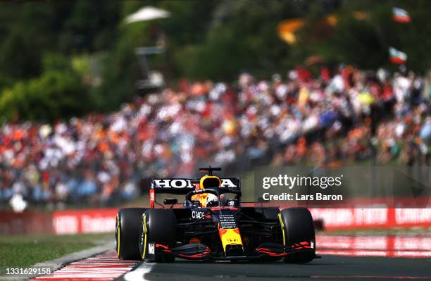 Max Verstappen of the Netherlands driving the Red Bull Racing RB16B Honda during qualifying ahead of the F1 Grand Prix of Hungary at Hungaroring on...
