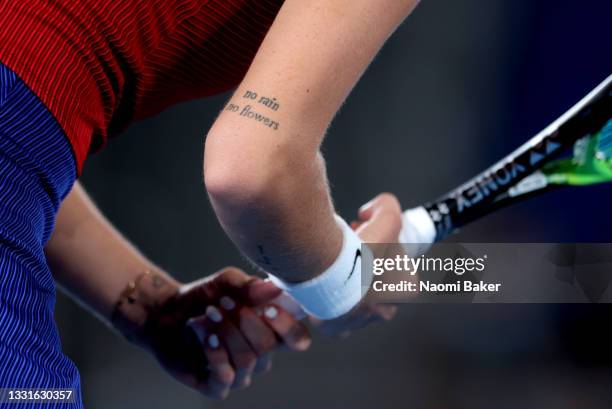 Detail view of a tattoo on the arm of Marketa Vondrousova of Team Czech Republic is seen while playing against Belinda Bencic of Team Switzerland in...