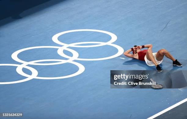 Belinda Bencic of Team Switzerland celebrates defeating Marketa Vondrousova of Team Czech Republic to win the gold medal after the Women's Singles...