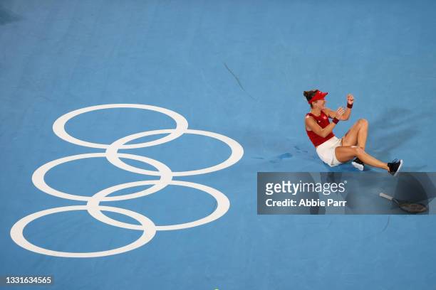 Belinda Bencic of Team Switzerland celebrates after defeating Marketa Vondrousova of Team Czech Republic to win the Women's Singles Gold Medal Match...