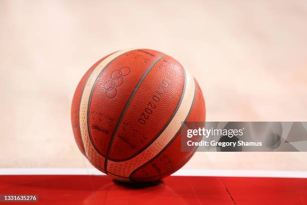 Detail photograph of the official Tokyo 2020 Olympic Basketball during the second half of a Men's Basketball Preliminary Round Group A game between...