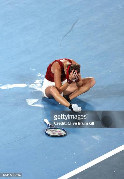Belinda Bencic of Team Switzerland reacts after defeating Marketa Vondrousova of Team Czech Republic to win the gold medal after the Women's Singles...