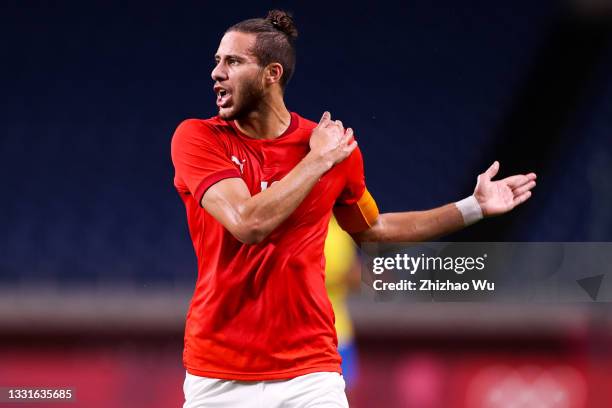 Ramadan Sobhi of Egypt in action in the Men's Quarterfinal match between Brazil and Egypt during the Tokyo 2020 Olympic Games at Saitama Stadium on...