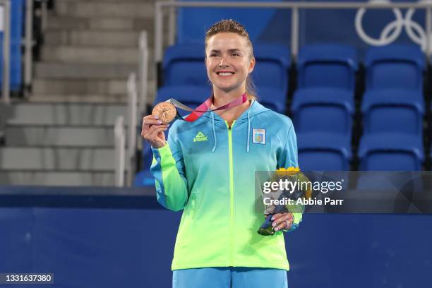 Elina Svitolina of Team Ukraine poses with her bronze medal after defeating Elena Rybakina of Team Kazakhstan during the Women's Singles Bronze Medal...