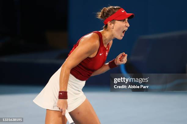 Belinda Bencic of Team Switzerland reacts after winning the first set against Marketa Vondrousova of Team Czech Republic during the Women's Singles...