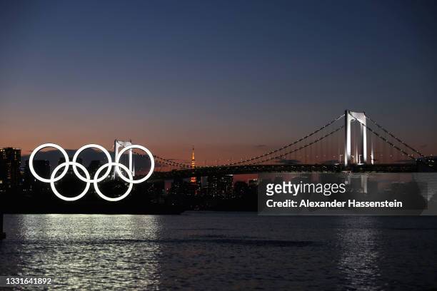 Illuminated Olympic rings on display for the Tokyo 2020 Olympic Games near Shiokaze Park on July 31, 2021 in Tokyo, Japan.