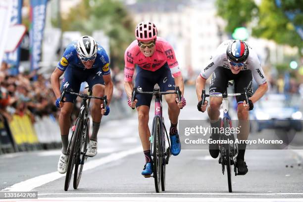 Mikkel Honoré of Denmark and Team Deceuninck - Quick-Step, Neilson Powless of United States and Team EF Education - Nippo & Matej Mohoric of Slovenia...