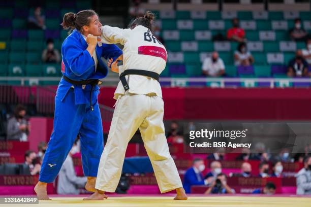 Guusje Steenhuis of the Netherlands and Mayra Aguiar of Brasil competing on Mixed Team Quarterfinals during the Tokyo 2020 Olympic Games at the...