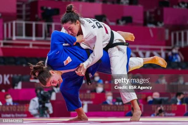 Guusje Steenhuis of the Netherlands and Mayra Aguiar of Brasil competing on Mixed Team Quarterfinals during the Tokyo 2020 Olympic Games at the...
