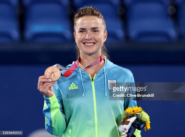 Elina Svitolina of Team Ukraine smiles with her bronze medal from on the podium during the medal ceremony after the Women's Singles Gold Medal match...