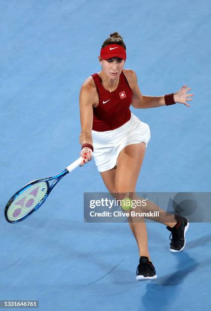 Belinda Bencic of Team Switzerland plays a forehand during her Women's Singles Gold Medal match against Marketa Vondrousova of Team Czech Republic on...