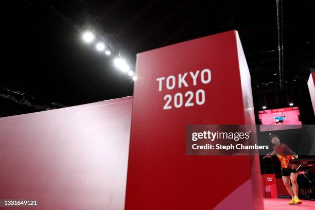 Sun Yingsha of Team China serves the ball during her Women's Singles Gold Medal match on day six of the Tokyo 2020 Olympic Games at Tokyo...