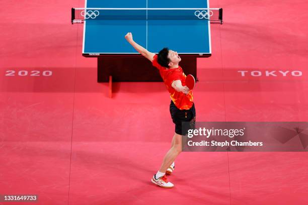 Ma Long of Team China celebrates winning his Men's Singles Semifinals match on day six of the Tokyo 2020 Olympic Games at Tokyo Metropolitan...