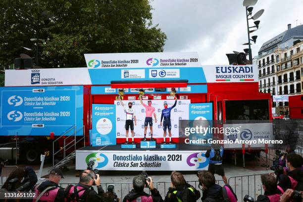 Matej Mohoric of Slovenia and Team Bahrain Victorious, Neilson Powless of United States and Team EF Education - Nippo & Mikkel Honoré of Denmark and...