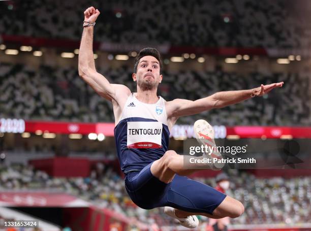 Miltiadis Tentoglou of Team Greece competes in the Men's Long Jump Qualification on day eight of the Tokyo 2020 Olympic Games at Olympic Stadium on...