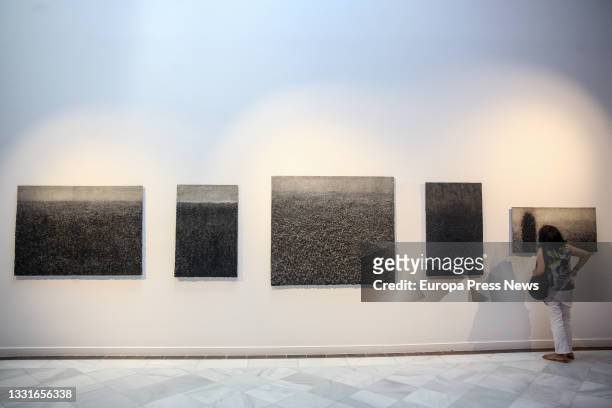 Woman observes one of the works that make up the exhibition 'Catorce relatos breves', at the Casa de Vacas Cultural Center, on July 29 in Madrid,...
