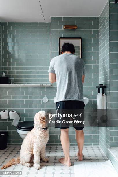 young man brushing teeth in bathroom - hombre baño fotografías e imágenes de stock