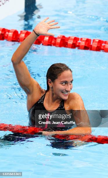 Bronze Medalist Simona Quadarella of Italy celebrates after the Women's 800m Freestyle Final on day eight of the swimming competition of the Tokyo...
