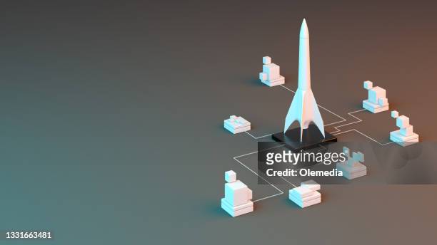 creativity and ideas. rocket 3d startup concept - 3d rocket stockfoto's en -beelden