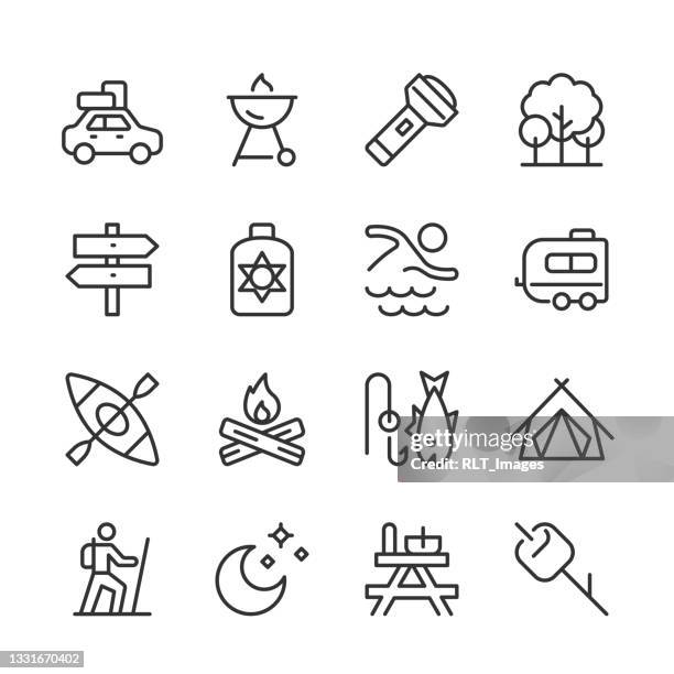 illustrazioni stock, clip art, cartoni animati e icone di tendenza di icone del campeggio — serie monoline - camping icons