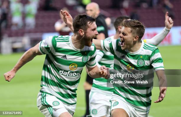 Anthony Ralston of Celtic celebrates with teammate James Forrest after scoring his team's first goal during the Ladbrokes Scottish Premiership match...