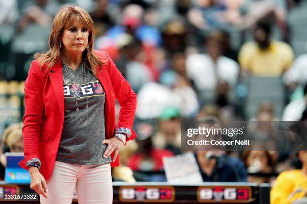 Coach Nancy Lieberman of the Power looks on during the game against the Killer 3's during BIG3 - Week Four at the American Airlines Center on July...