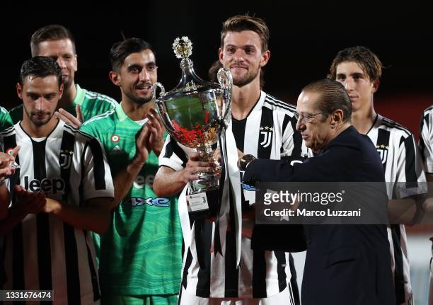 Daniele Rugani of Juventus FC and AC Monza president Paolo Berlusconi at the end of the AC Monza v Juventus FC - Trofeo Berlusconi at Stadio Brianteo...